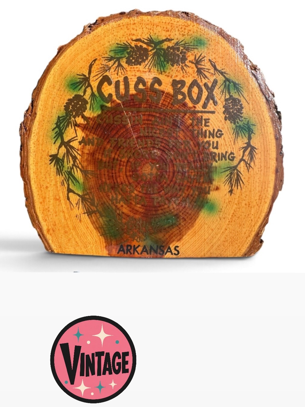 Vintage Arkansas Wooden Cuss Box Coin Bank • Retro Live Edge Novelty Swear Jar